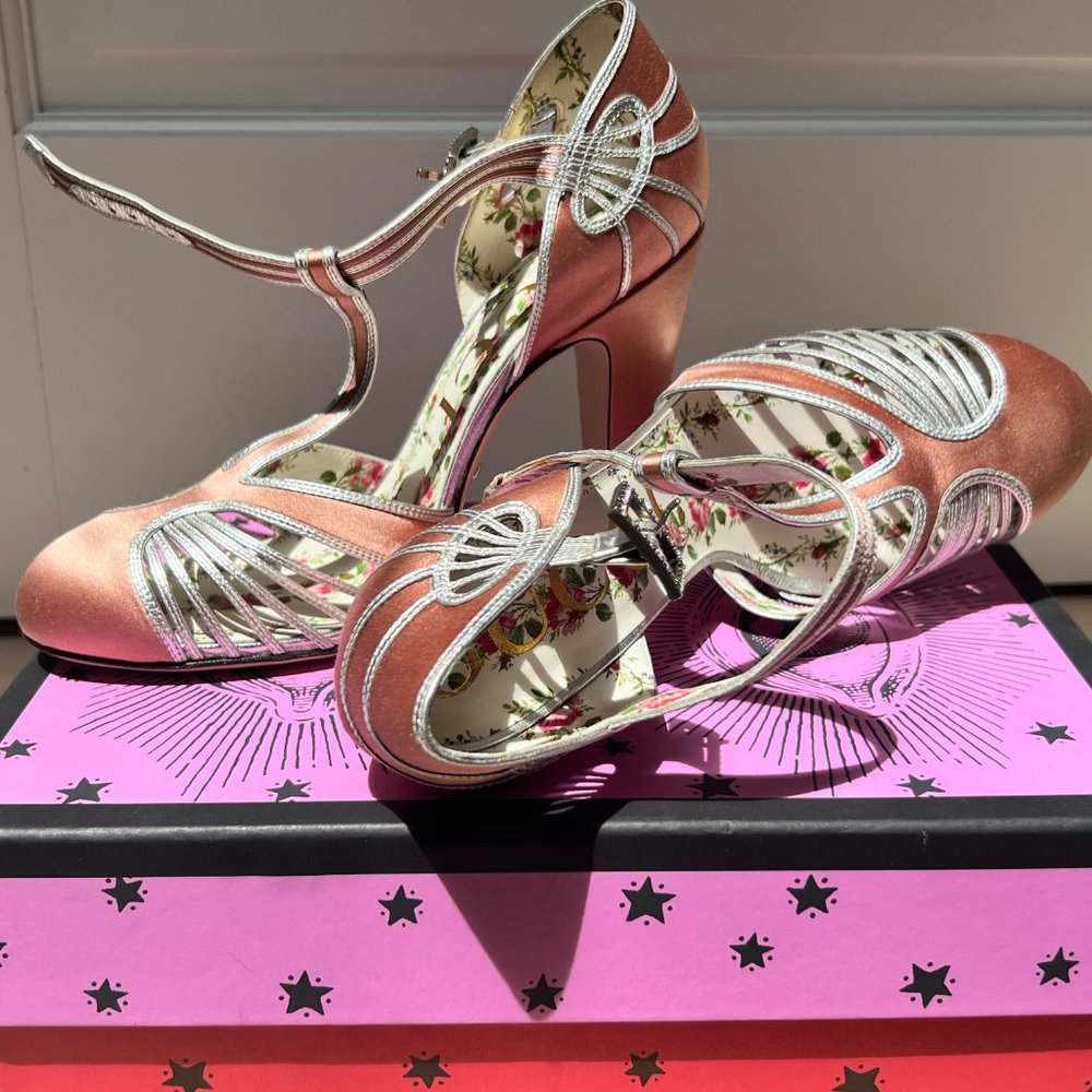 Gucci Floral Sole Rose Pink Silver-lined Heels